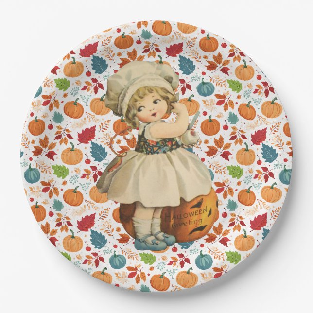 Girl Carving Apple und farbenfrohe Pumpkins Hallow Pappteller (Vorderseite)