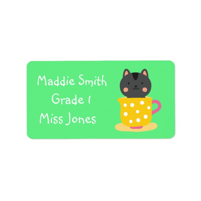 Girl Cat im Teacup niedliche Namensschilder Adressaufkleber (Vorne)