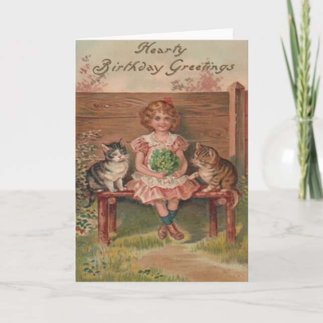 Girl Cat Kitten Blume Geburtstag Karte (Vorderseite)