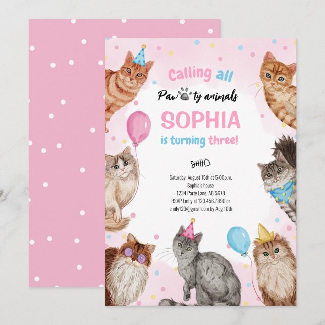 Girl Cat Pawty Animals Geburtstag Einladung (Vorne/Hinten)