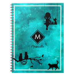 Girl Cats und Galaxy Monogram Notebook Notizblock