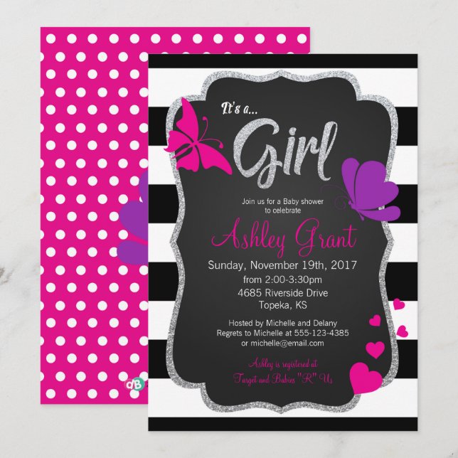Girl Chalkboard Butterfly Baby Dusche Einladung (Vorne/Hinten)