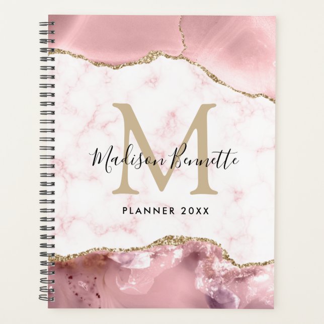 Girl Chic Blush Pink Gold Glitzer Agate Monogram Planer (Vorderseite)