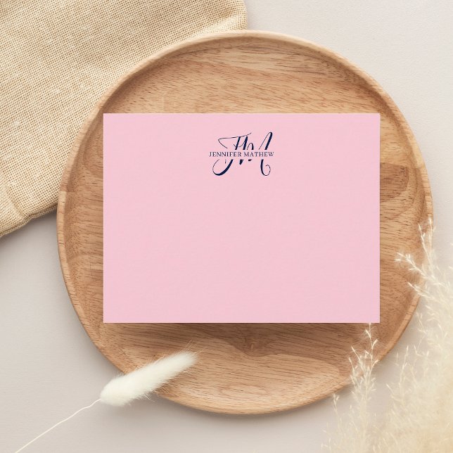 Girl Chic Blush Pink & Navy Blue Script Monogram Mitteilungskarte (Von Creator hochgeladen)
