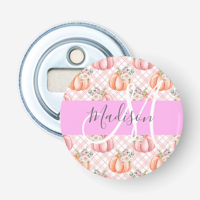 Girl Chic Floral Pink Peach Pumpkin Monogramm Name Flaschenöffner (Vorderseite)