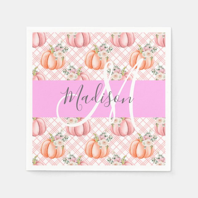 Girl Chic Floral Pink Peach Pumpkin Monogramm Name Serviette (Vorderseite)