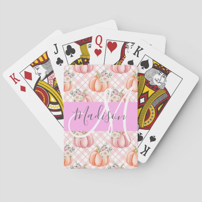 Girl Chic Floral Pink Peach Pumpkin Monogramm Name Spielkarten (Rückseite)