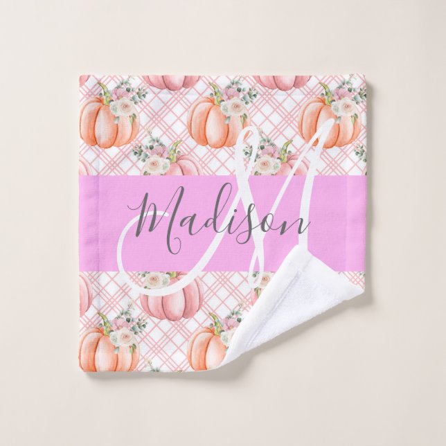 Girl Chic Floral Pink Peach Pumpkin Monogramm Name Waschlappen (Waschlappen)