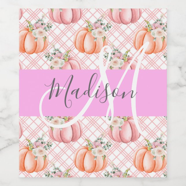 Girl Chic Floral Pink Peach Pumpkin Monogramm Name Weinetikett (Einzelnes Label)