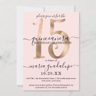 Girl Chic Imitats Gold Blush Pink Quinceañera Einladung