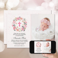 Girl Christening Watercolor Pink Floral