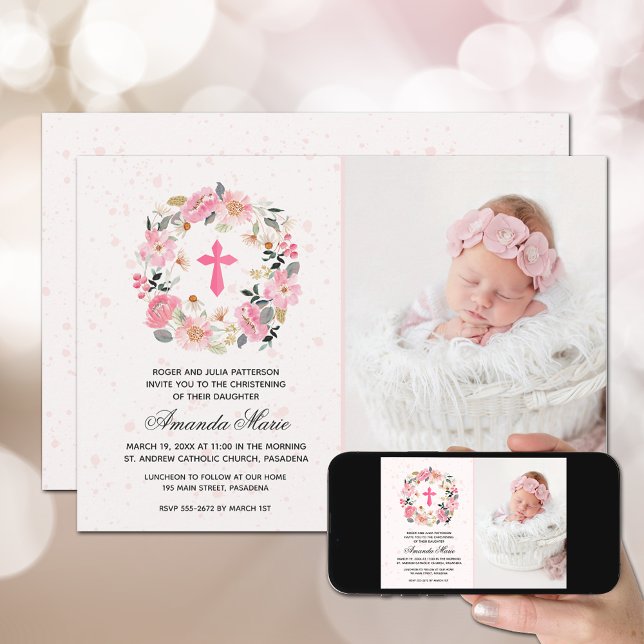 Girl Christening Watercolor Pink Floral Einladung (Von Creator hochgeladen)