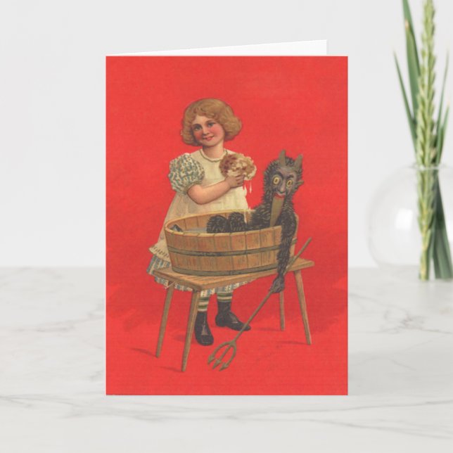 Girl Cleaning Krampus Feiertagskarte (Vorderseite)