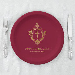 Girl Confirmation Burgundy Imitats Gold Wappen Ele Pappteller