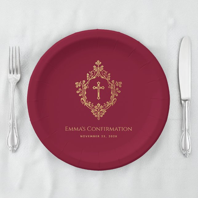 Girl Confirmation Burgundy Imitats Gold Wappen Ele Pappteller (Von Creator hochgeladen)