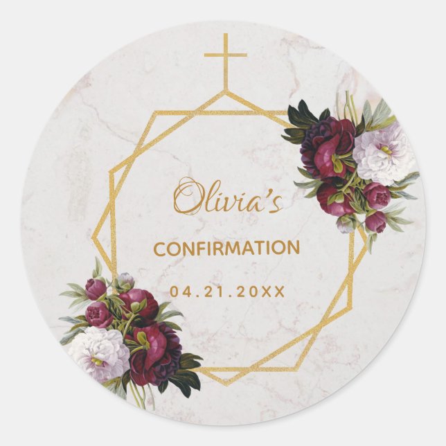 Girl Confirmation Burgundy Red Peonies Marble Gold Runder Aufkleber (Vorderseite)