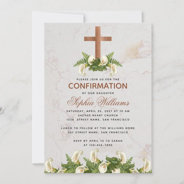 Girl Confirmation Copper Cross Calla Lilies Marmor Einladung (Vorderseite)