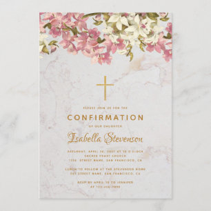 Girl Confirmation Floral Cross Rosa Orchids Marmor Einladung
