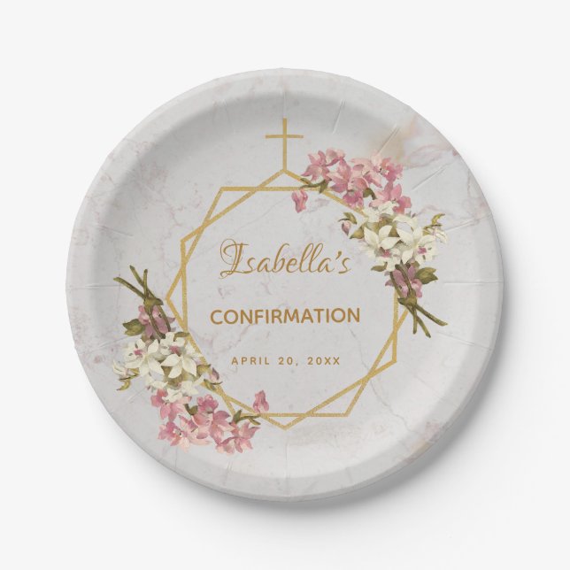 Girl Confirmation Floral Gold Rosa Orchideen Marmo Pappteller (Vorderseite)