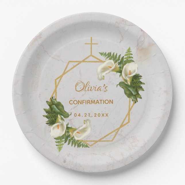 Girl Confirmation Floral Marble Gold Calla Lilies Pappteller (Vorderseite)