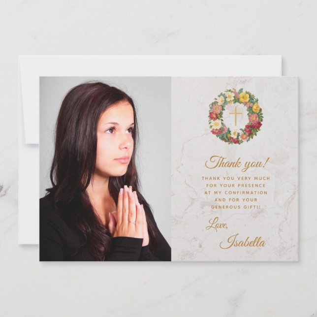 Girl Confirmation Foto Gold Cross in Rose Wreath Dankeskarte (Vorderseite)