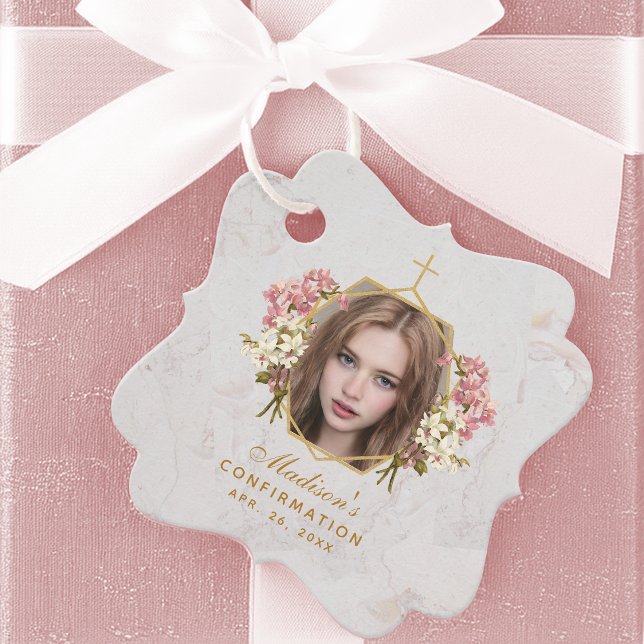 Girl Confirmation Foto Rosa Orchideen Gold Marmor Geschenkanhänger (Von Creator hochgeladen)