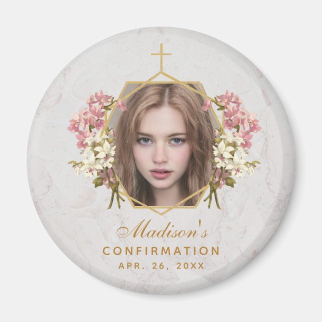 Girl Confirmation Foto Rosa Orchids Blumenmarmor Magnet (Vorne)