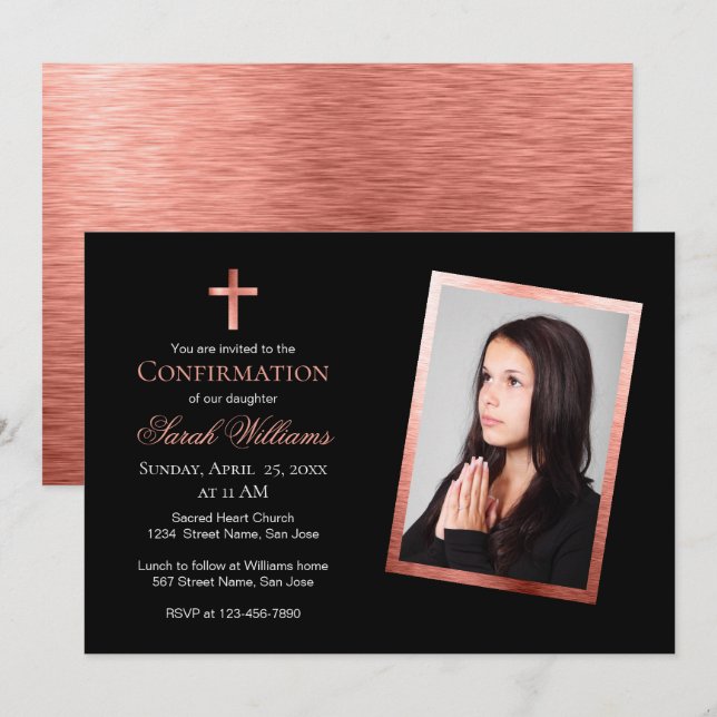 Girl Confirmation Foto Rose Gold Black Pink Einladung (Vorne/Hinten)
