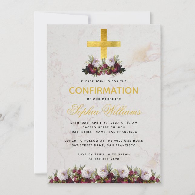 Girl Confirmation Gold Cross Burgundy Peony Marmor Einladung (Vorderseite)