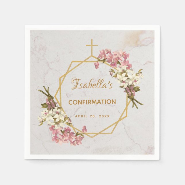Girl Confirmation Marble Gold Pink Orchids Floral Serviette (Vorderseite)
