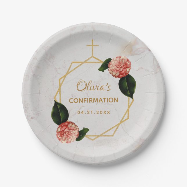 Girl Confirmation Marble Pink Camellia Floral Gold Pappteller (Vorderseite)
