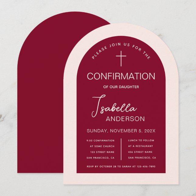 Girl Confirmation Modern Arch Pink Burgundy Einladung (Vorne/Hinten)