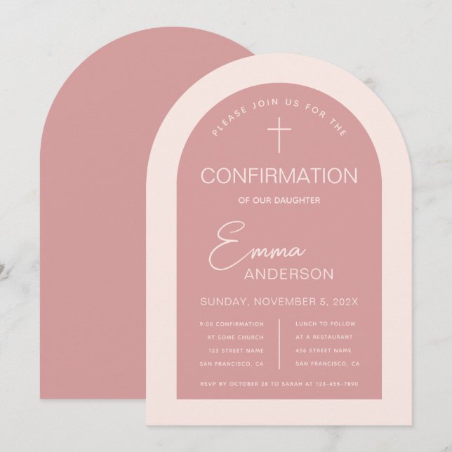 Girl Confirmation Pink Arch Moderne Dusty Rose Einladung (Vorne/Hinten)