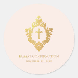 Girl Confirmation Pink Imitate Gold Cross in Wappe Runder Aufkleber