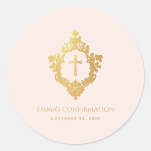 Girl Confirmation Pink Imitate Gold Cross in Wappe Runder Aufkleber