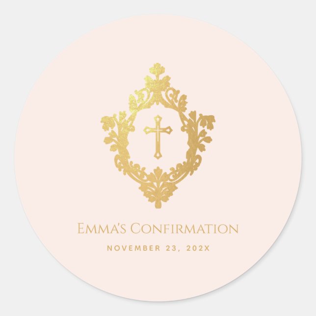 Girl Confirmation Pink Imitate Gold Cross in Wappe Runder Aufkleber (Vorderseite)