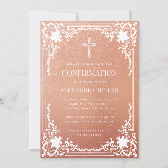 Girl Confirmation Rose Goldenes Weiß Elegant Vinta Einladung (Vorderseite)