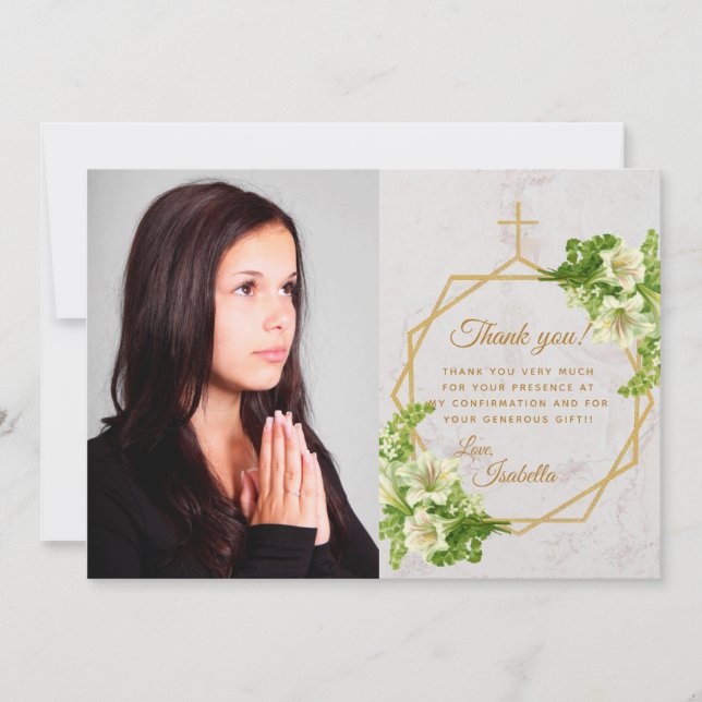 Girl Confirmation White Lilies Marble Gold Cross Dankeskarte (Vorderseite)