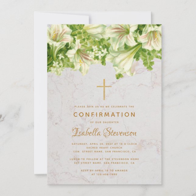 Girl Confirmation White Lilies on Marble Floral Einladung (Vorderseite)