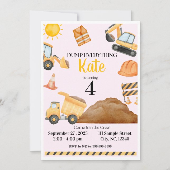Girl Construction Birthday Invitation (Devant)