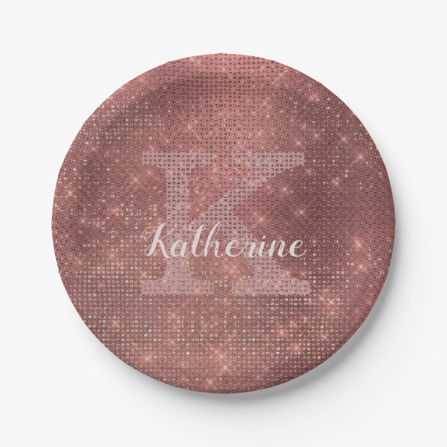 Girl Copper Diamond Sparkle Glam Monogram Name Pappteller (Vorderseite)