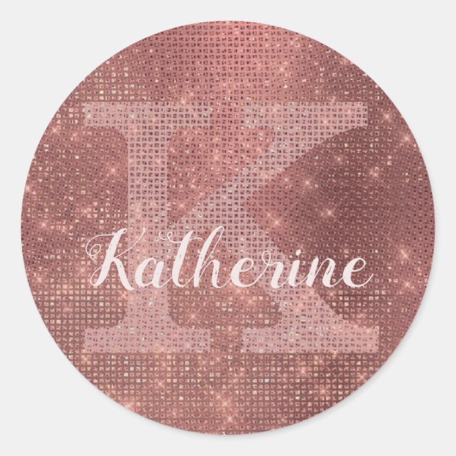 Girl Copper Diamond Sparkle Glam Monogram Name Runder Aufkleber (Vorderseite)