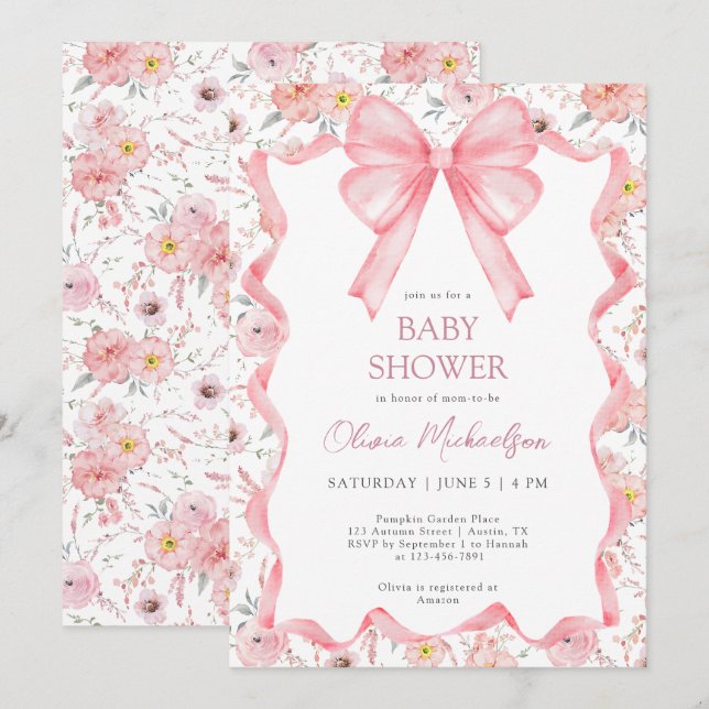 Girl Coquette Pink Floral Ribbon Bow Babydusche Einladung (Vorne/Hinten)
