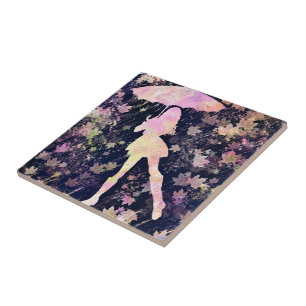 Girl Dancing in Rain Keramik Tile Fliese