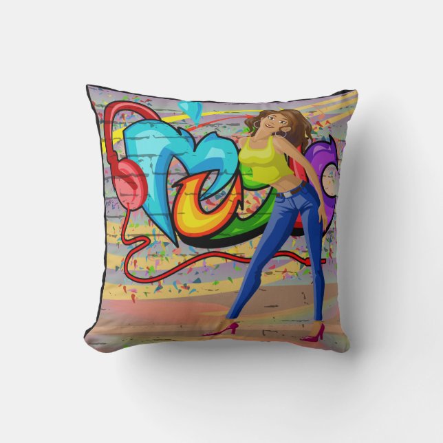 Girl Dancing Music Graffiti Wall Hintergrund 3 Kissen (Vorderseite)