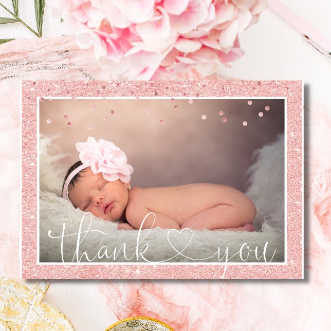 Girl DANK YOU Pink Glitzer Baby Shower | FOTO Ankündigung (Von Creator hochgeladen)