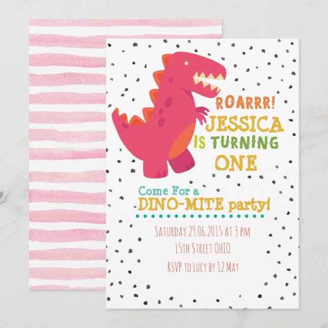 Girl Dino Birthday Party Einladung (Vorne/Hinten)