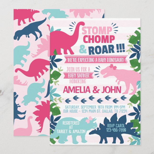 Girl Dinosaur Babydusche Einladung (Vorne/Hinten)