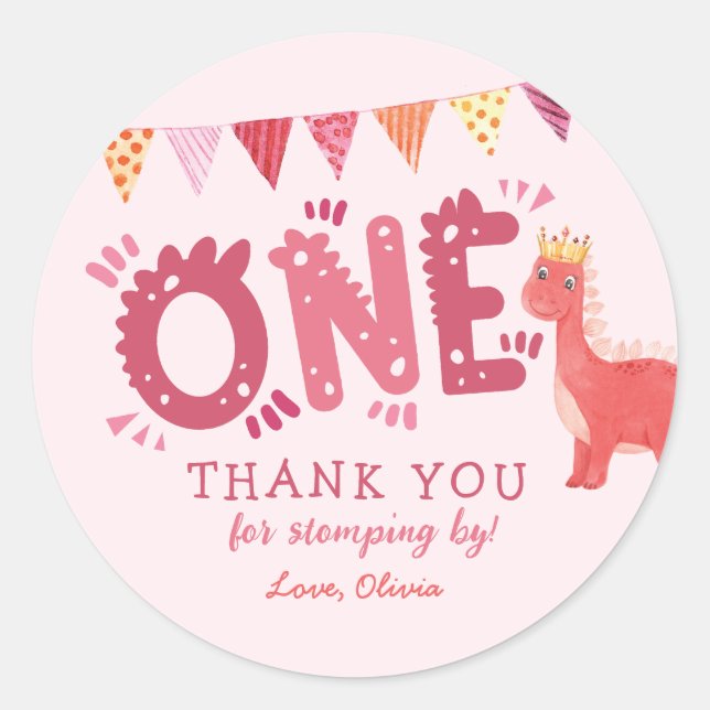 Girl Dinosaur Birthday Danke Runder Aufkleber (Vorderseite)