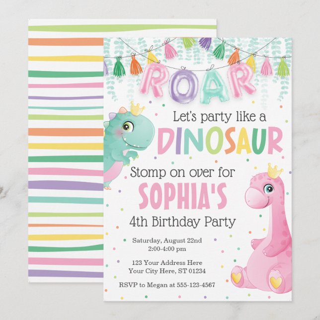 Girl Dinosaur Birthday Einladung (Vorne/Hinten)